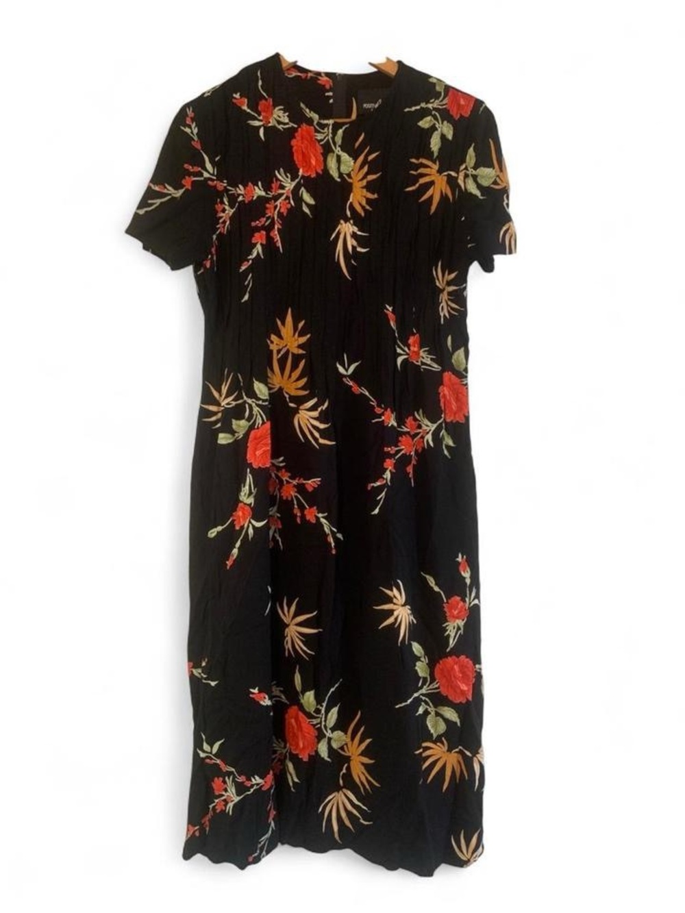 90s vintage Positive Attitude Black Midi Dress with Red & Gold Floral Print